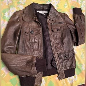 Rezrekshn by Esther Chen Brown Leather Bomber Motorcycle Jacket size XS